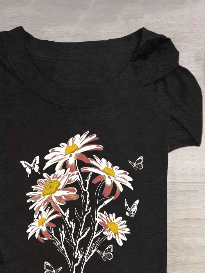 Floral & Butterfly Printed Long Sleeve Casual T-Shirt