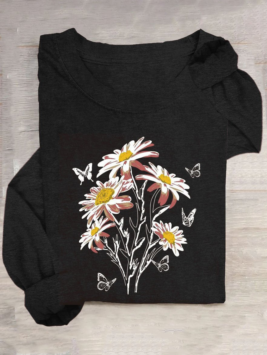 Floral & Butterfly Printed Long Sleeve Casual T-Shirt
