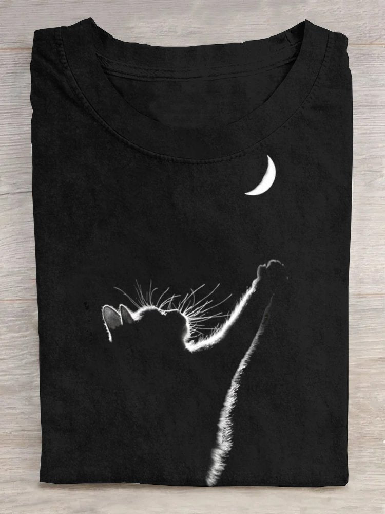 Lässiges Baumwoll-Rundhals-T-Shirt mit Katzenmotiv
