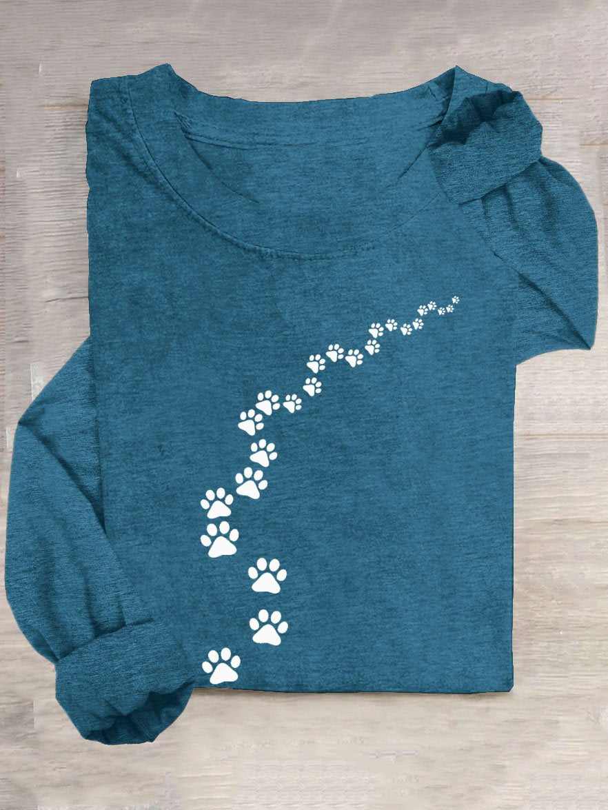 Funny Dog Footprint Pattern Casual Crew Neck Long Sleeve T-Shirt
