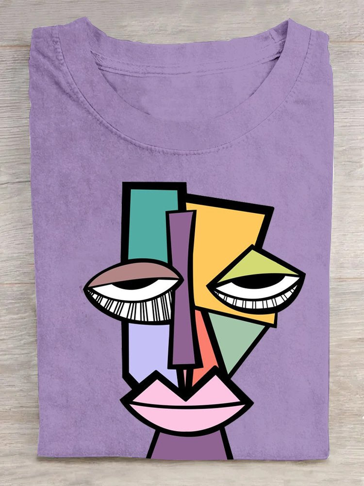 Casual Loose Crew Neck Face T-Shirt