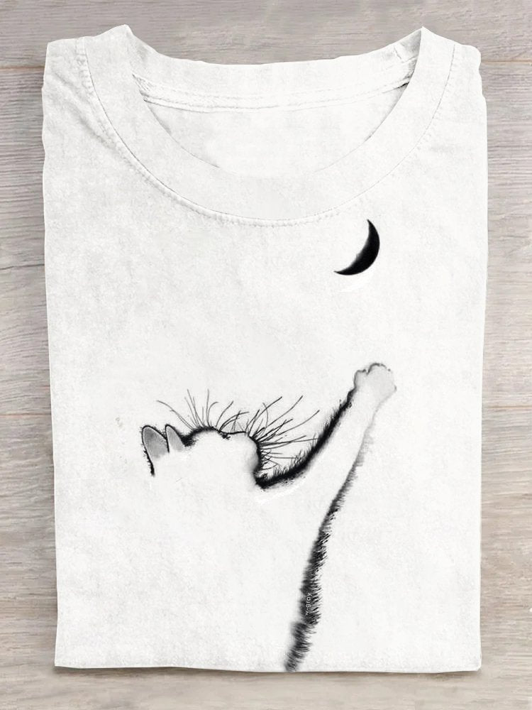 Lässiges Baumwoll-Rundhals-T-Shirt mit Katzenmotiv