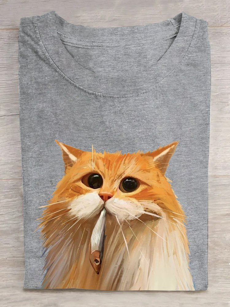FUNNY CAT AND FISH ART PRINT CASUAL T-SHIRT