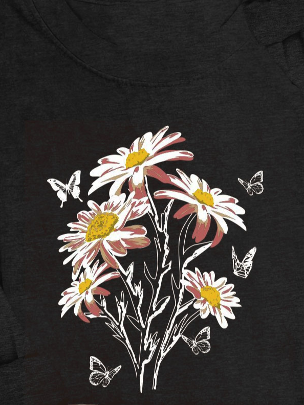 Floral & Butterfly Printed Long Sleeve Casual T-Shirt