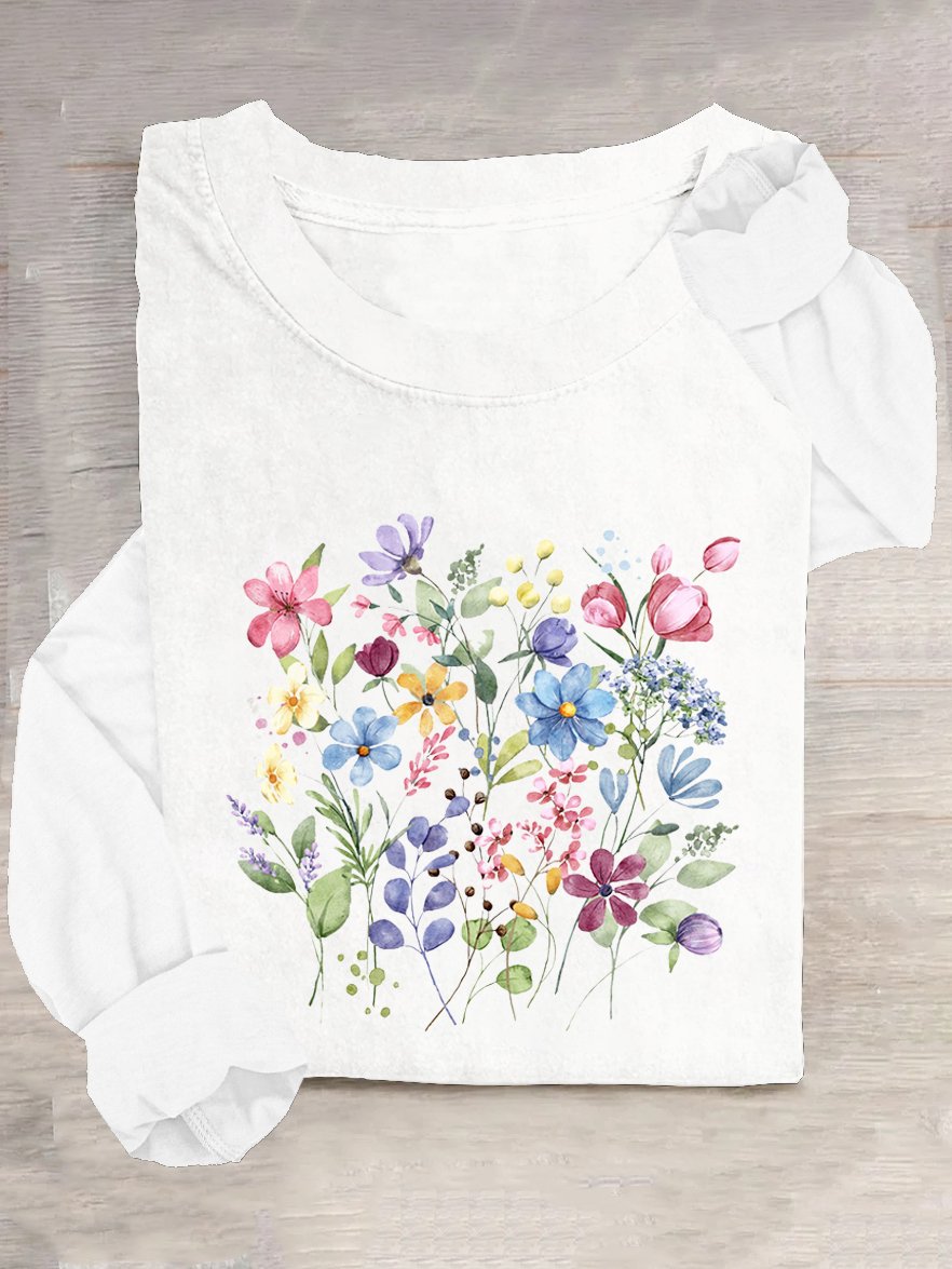 Crew Neck Casual Cotton-Blend Floral T-Shirt