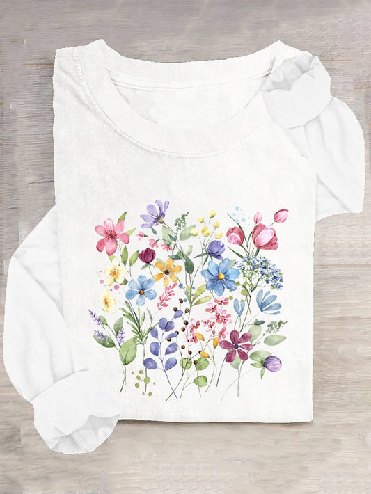 Crew Neck Casual Cotton-Blend Floral T-Shirt
