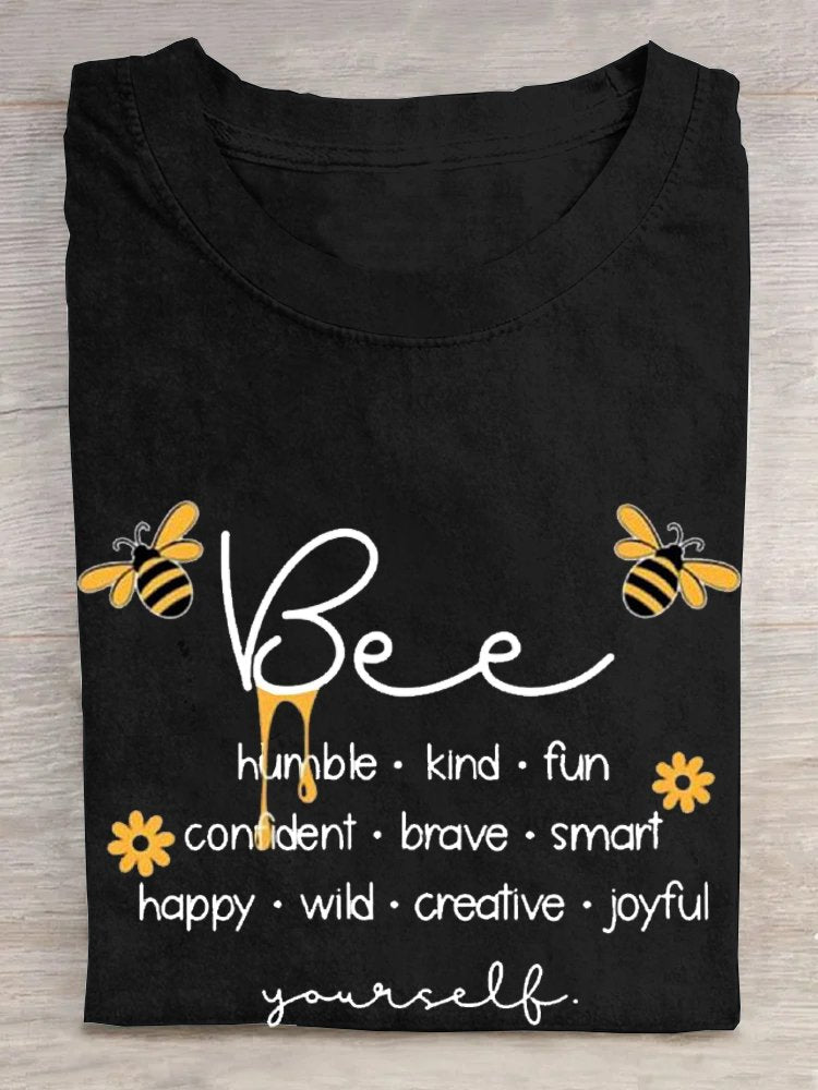 Cotton Casual Crew Neck Bee Letter Pattern T-Shirt