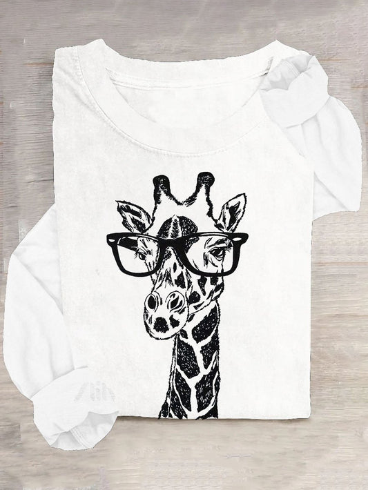 Funny Glasses Giraffe Printed Long SleeveT-Shirt