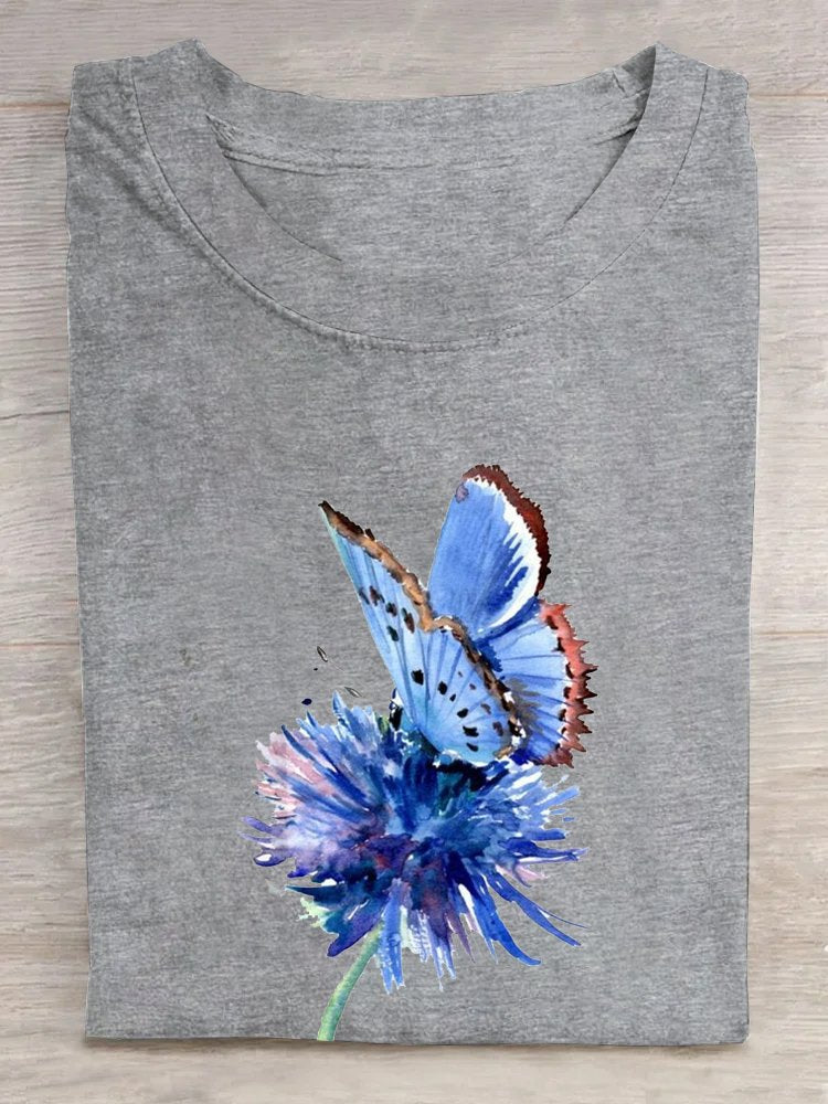 Casual Crew Neck Floral Cotton T-Shirt