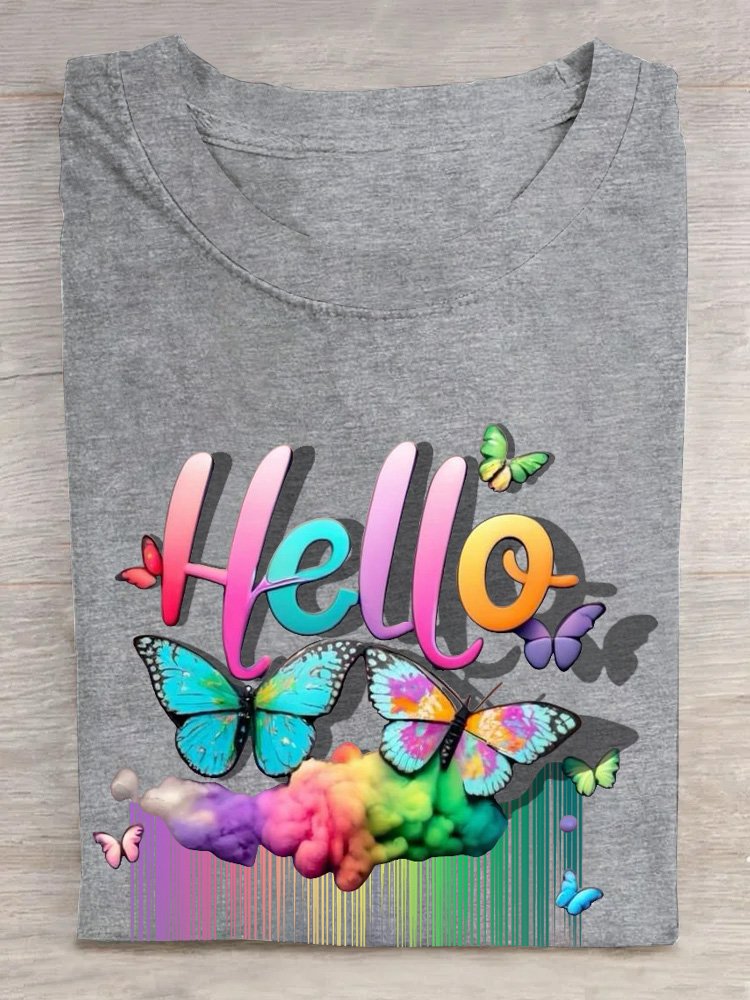 Cotton Casual Butterfly Rainbow  T-Shirt