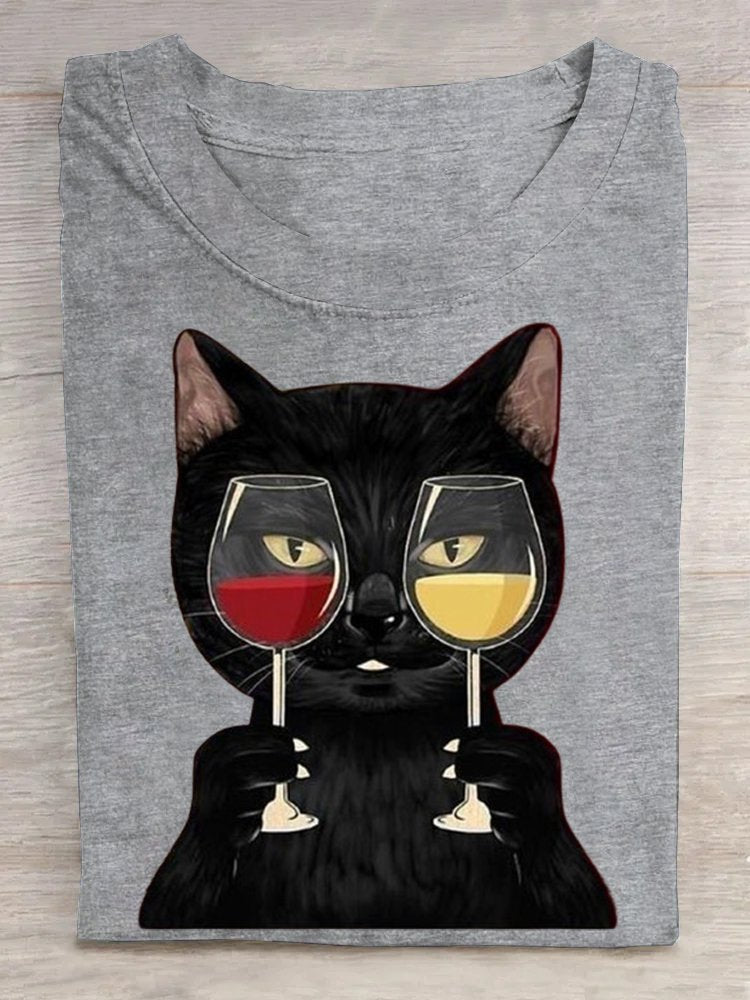 Cotton Casual Summer Cat Short Sleeve Loose Crew Neck H-Line Cotton35%; Polyester65% T-shirt