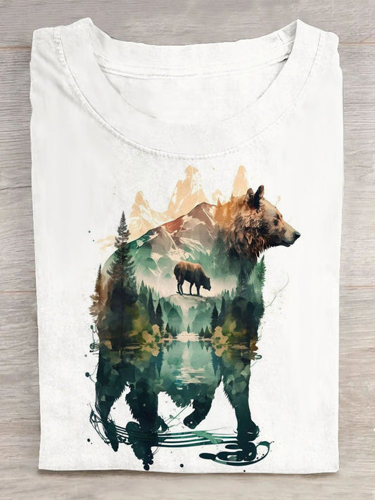 Crew Neck Casual Landscape Print Cotton T-Shirt