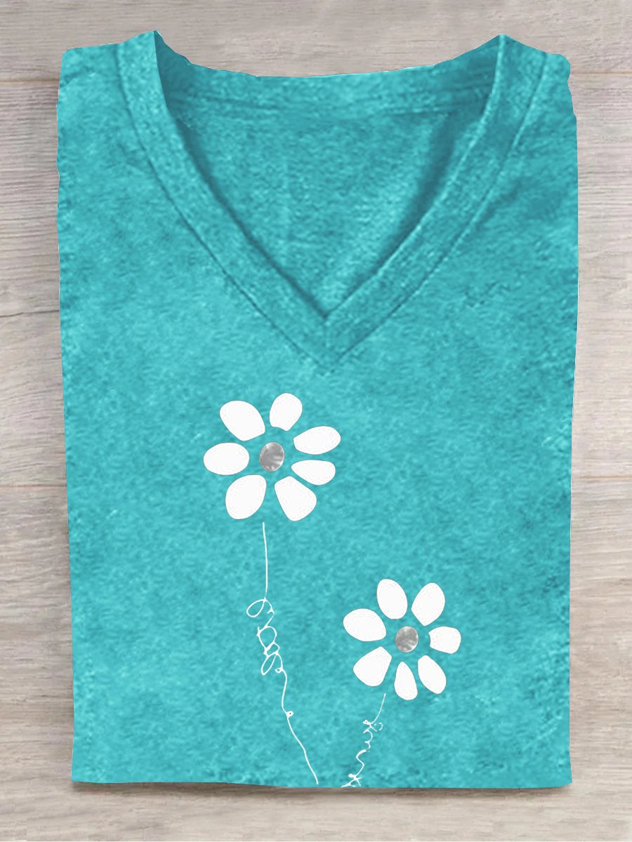 Loose Floral Casual V Neck T-Shirt