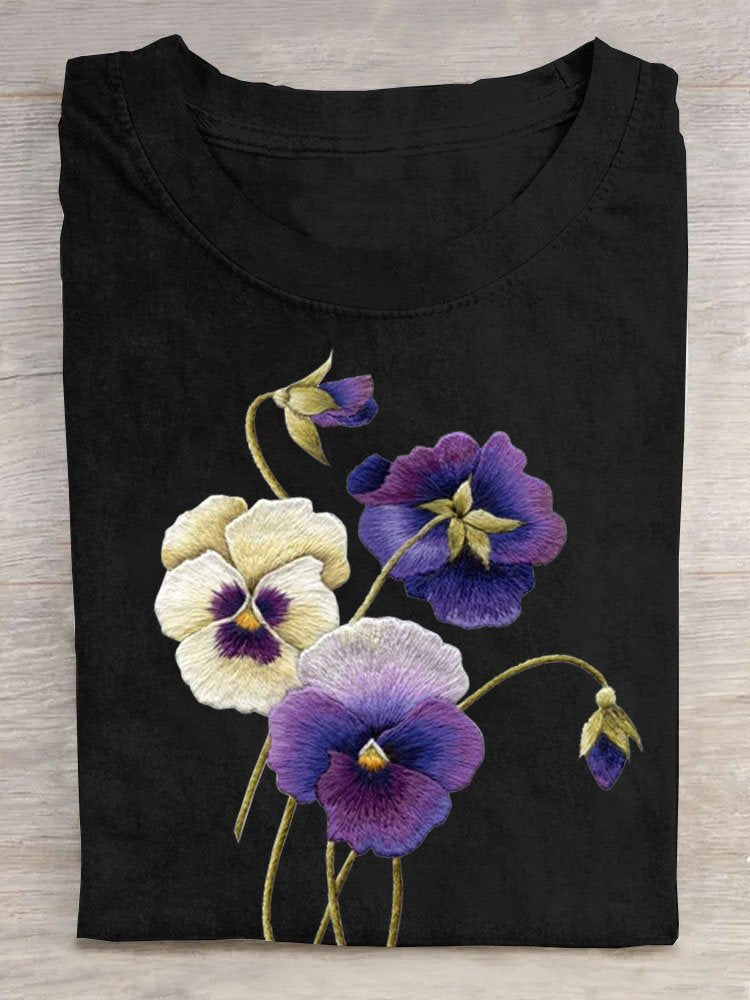 Floral Cotton Crew Neck Casual T-Shirt