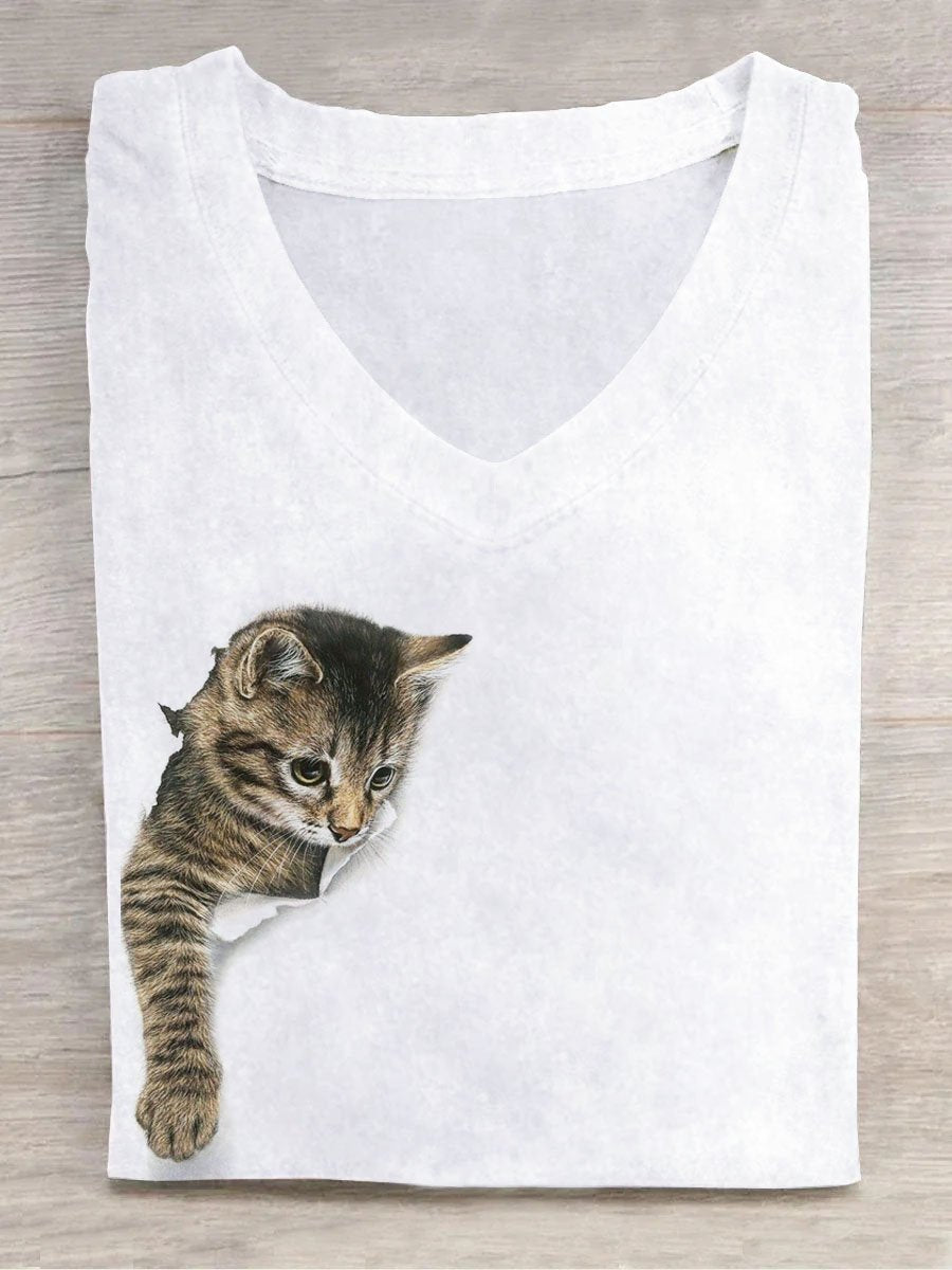 Casual V Neck Cat Cotton T-Shirt