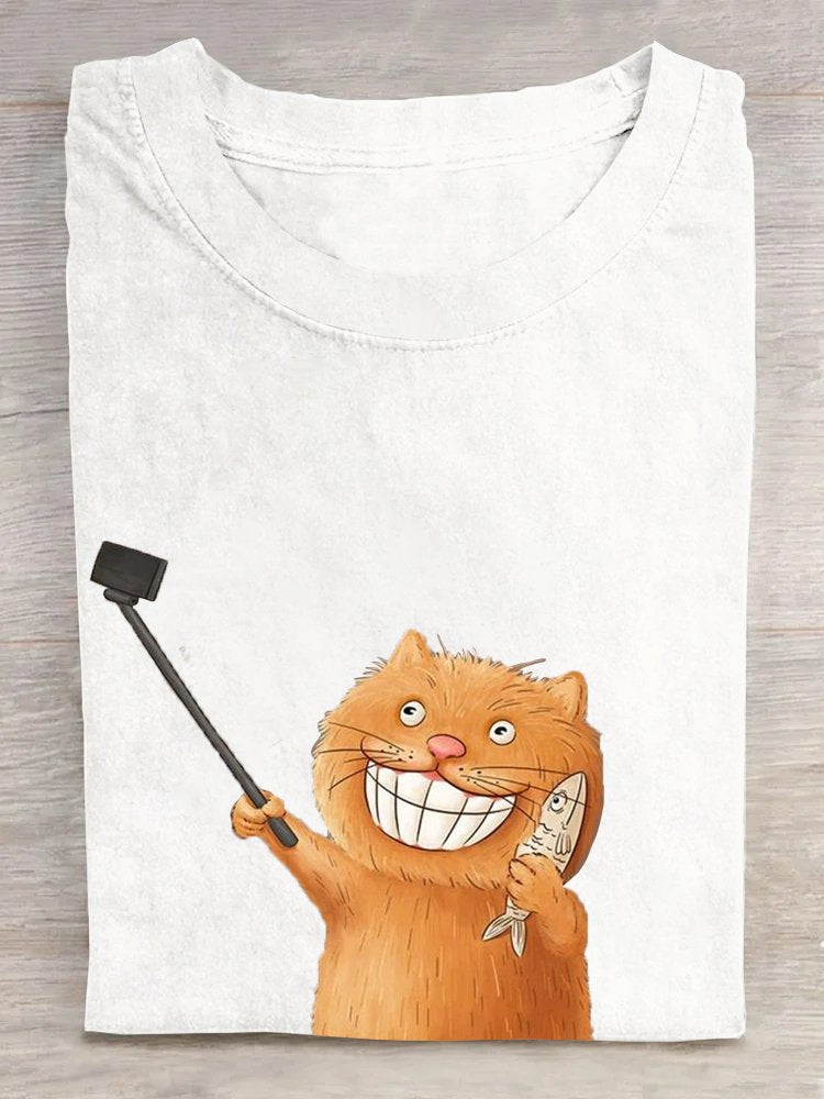 Cotton Crew Neck Cat Casual T-Shirt