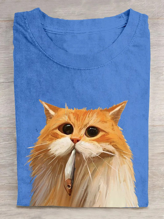 FUNNY CAT AND FISH ART PRINT CASUAL T-SHIRT