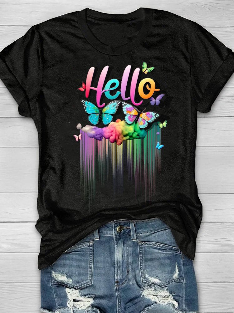 Cotton Casual Butterfly Rainbow  T-Shirt