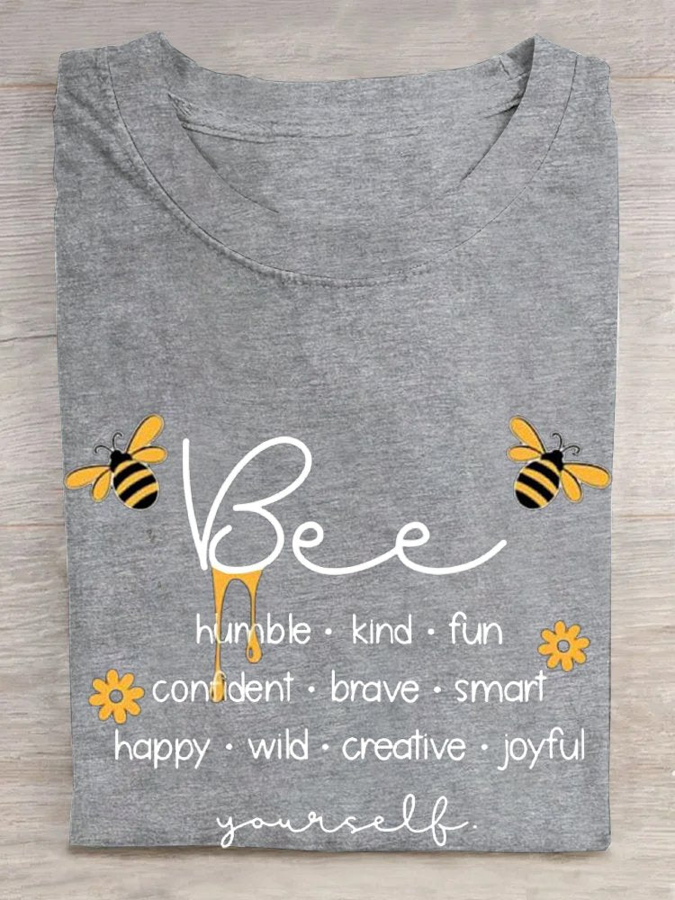 Cotton Casual Crew Neck Bee Letter Pattern T-Shirt