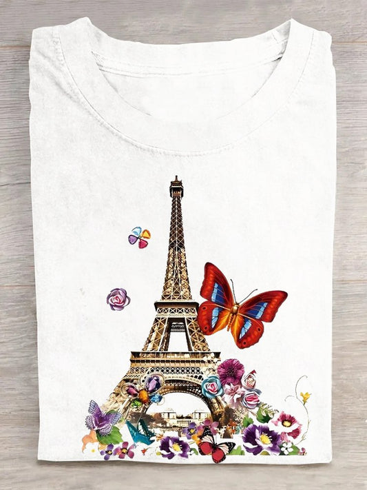 Loose Cotton Paris Crew Neck Casual T-Shirt