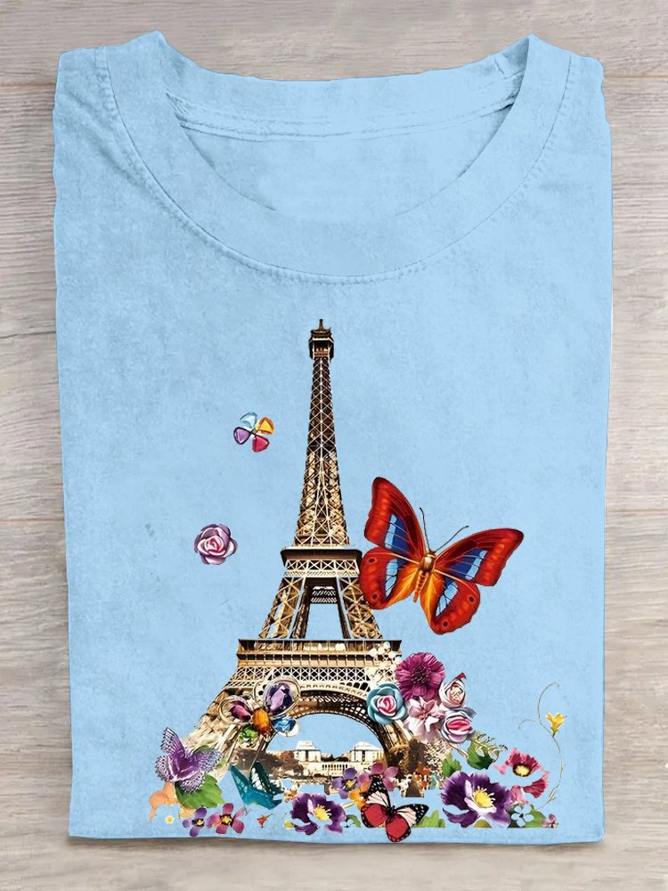 Loose Cotton Paris Crew Neck Casual T-Shirt