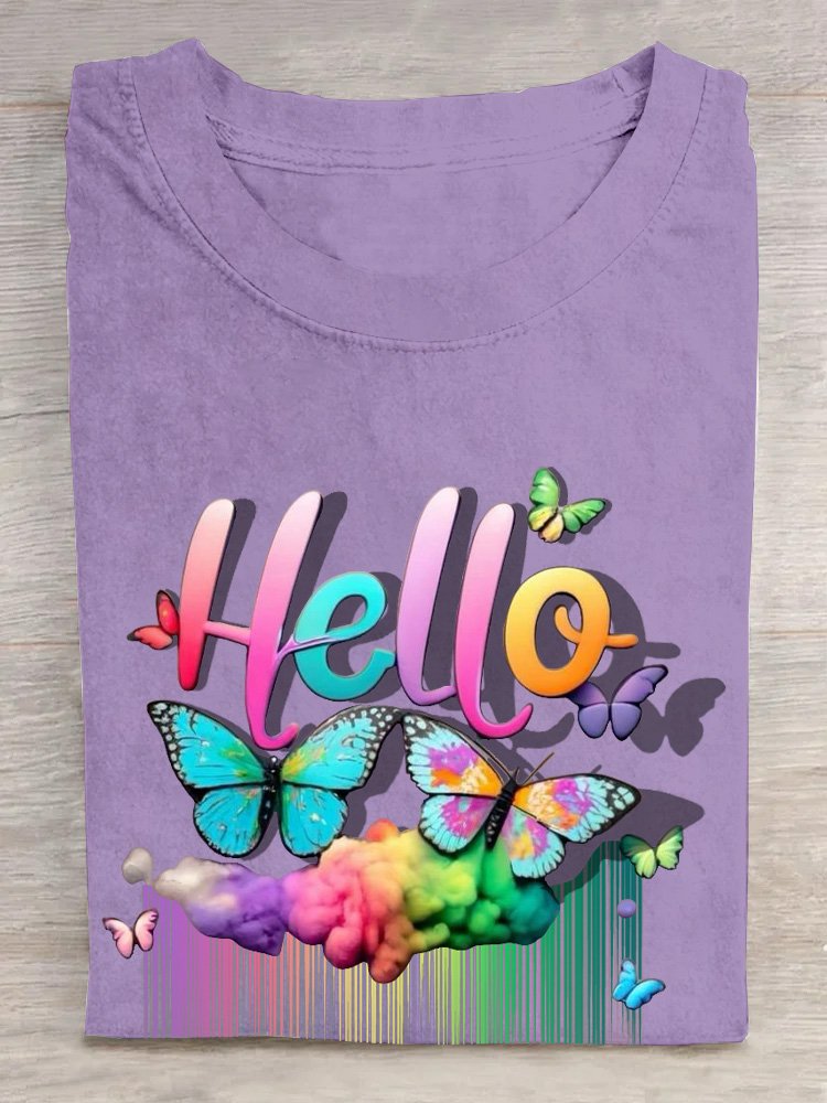 Cotton Casual Butterfly Rainbow  T-Shirt