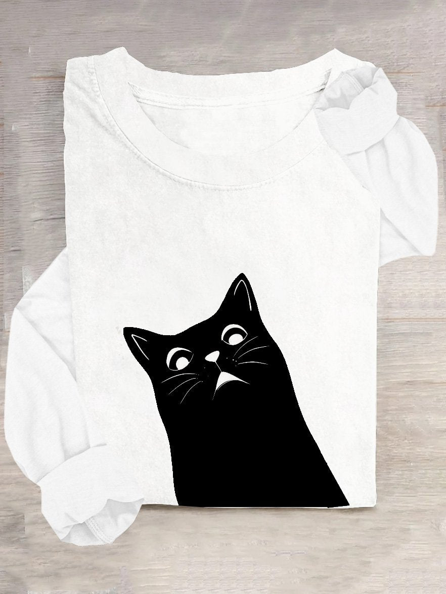 Casual Cat Loose Cotton-Blend T-Shirt