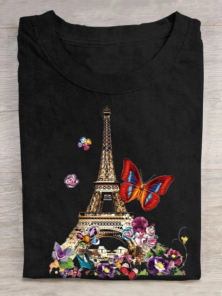 Loose Cotton Paris Crew Neck Casual T-Shirt