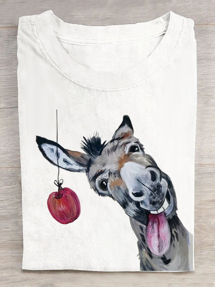 Funny Horse Eat Apple Printed Loose T-Shirt