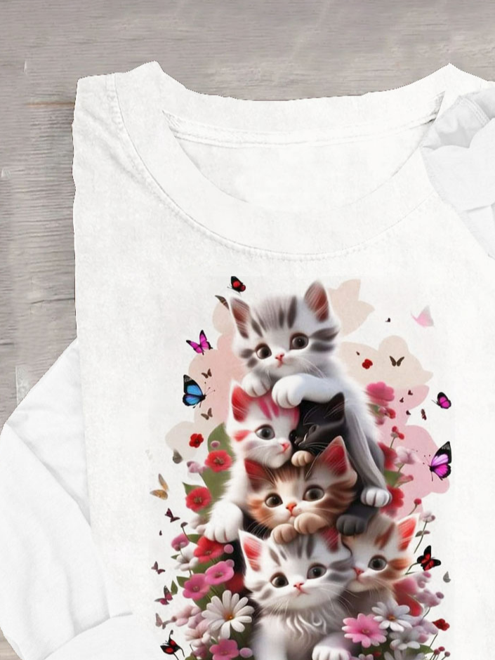 Butterfly & Cat Printed Crew Neck Casual T-Shirt