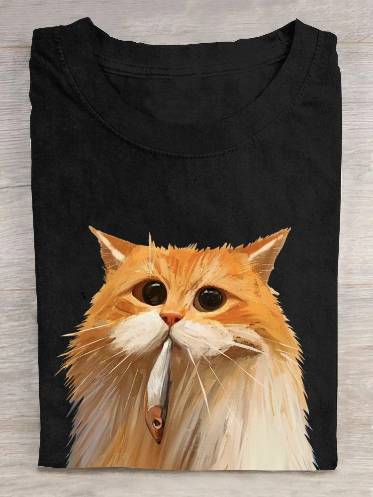 FUNNY CAT AND FISH ART PRINT CASUAL T-SHIRT