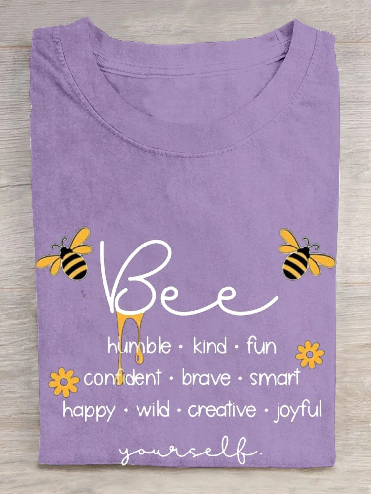 Cotton Casual Crew Neck Bee Letter Pattern T-Shirt