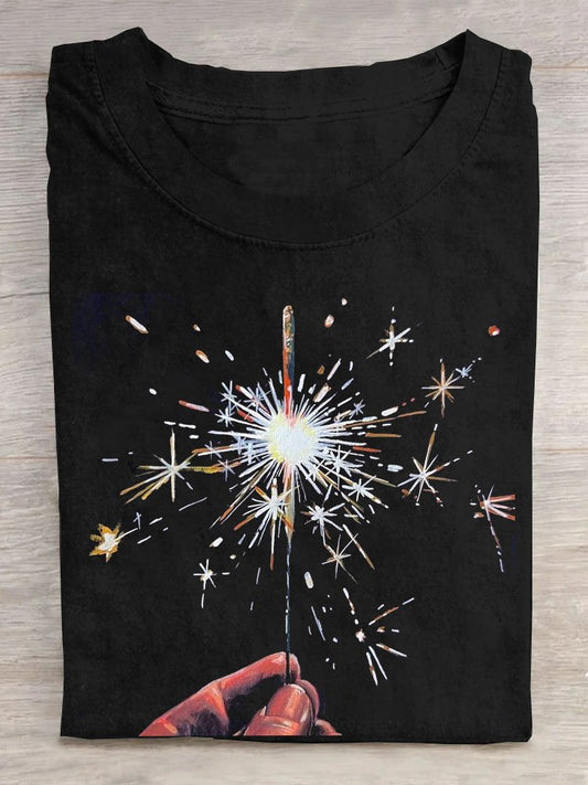 Funny Fireworks Printed Casual Crew Neck T-Shirt