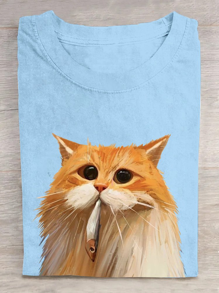 FUNNY CAT AND FISH ART PRINT CASUAL T-SHIRT