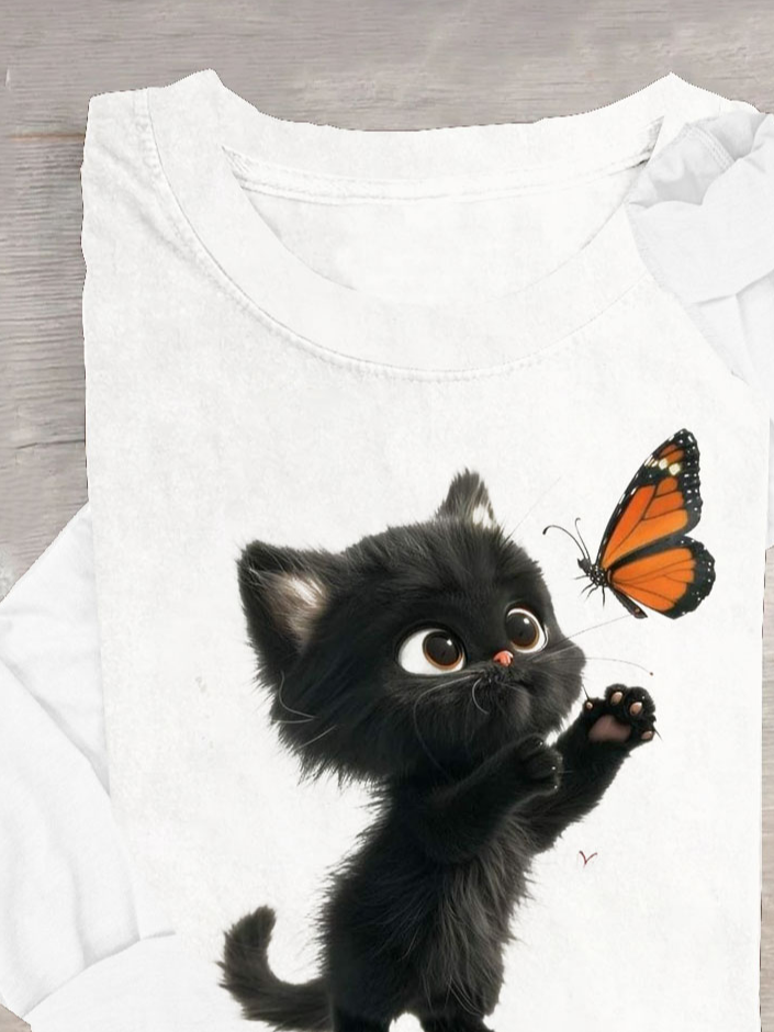 Cat & Butterfly Crew Neck Casual T-Shirt