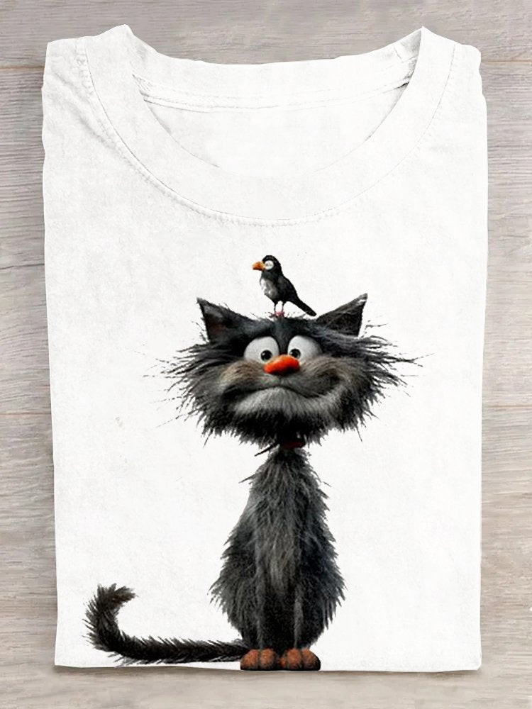 Casual Cat Loose Crew Neck T-Shirt