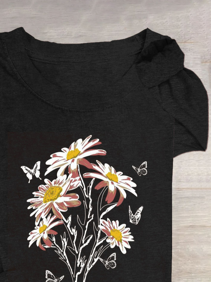 Floral &  Butterfly Printed Long Sleeve Casual T-Shirt