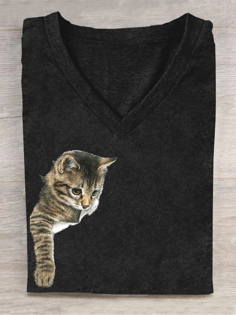 Casual V Neck Cat Cotton T-Shirt