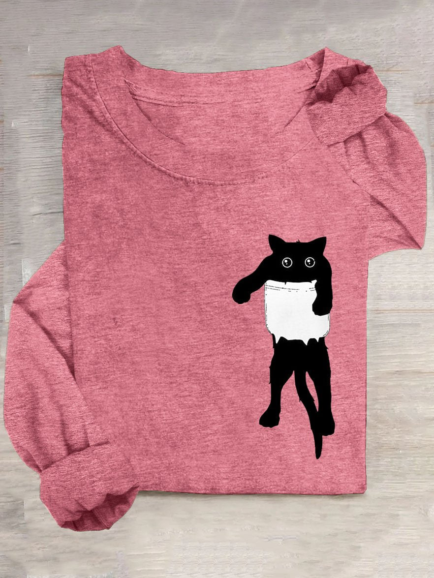 Cat Printed Casual Crew Neck T-Shirt