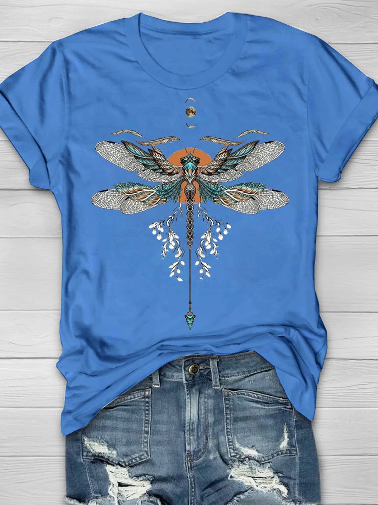 Loose Crew Neck Dragonfly Casual T-Shirt