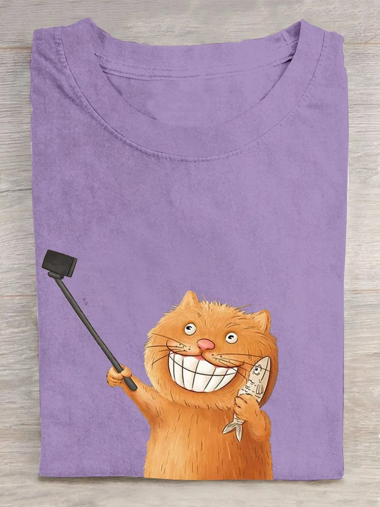 Cotton Crew Neck Cat Casual T-Shirt