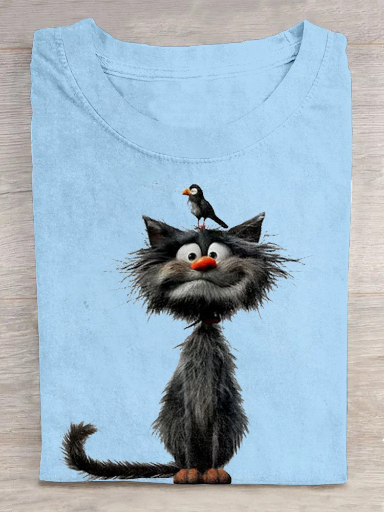 Casual Cat Loose Crew Neck T-Shirt