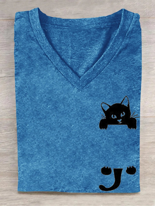 Cat V Neck Casual Cotton-Blend T-Shirt