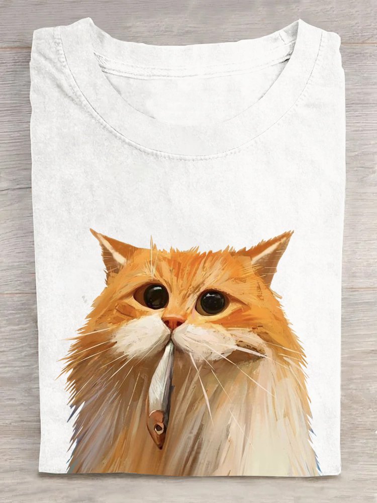 FUNNY CAT AND FISH ART PRINT CASUAL T-SHIRT