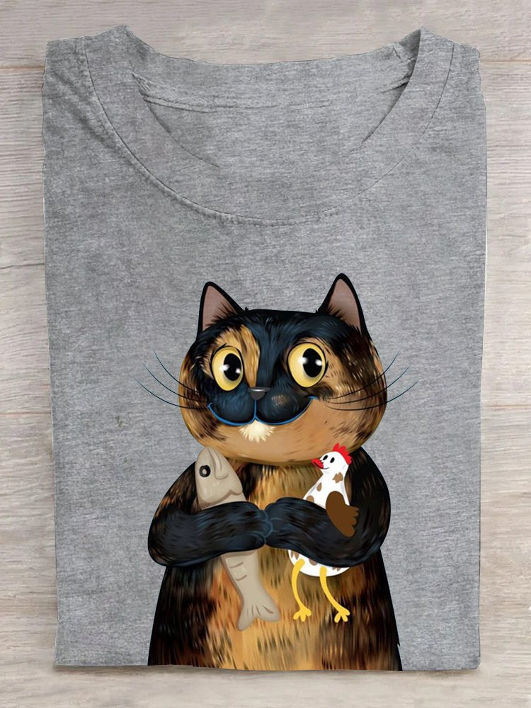 Casual Crew Neck Cotton Cat T-Shirt