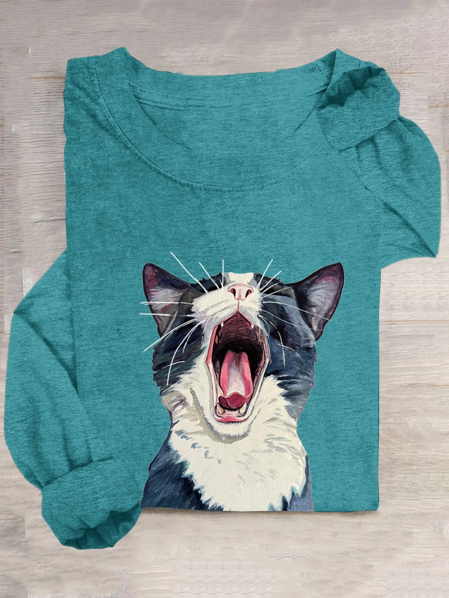 Loose Cat Casual Cotton-Blend T-Shirt