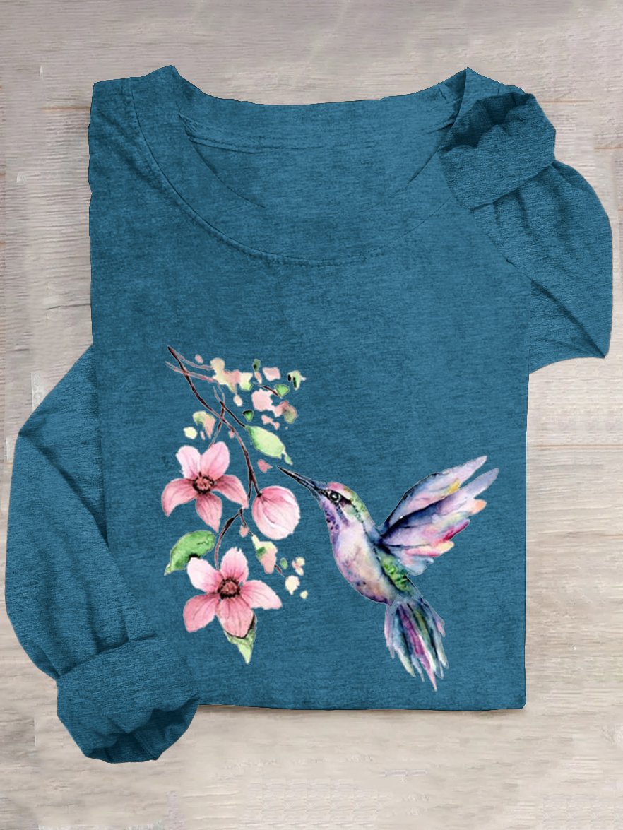 Casual Cotton-Blend Bird T-Shirt