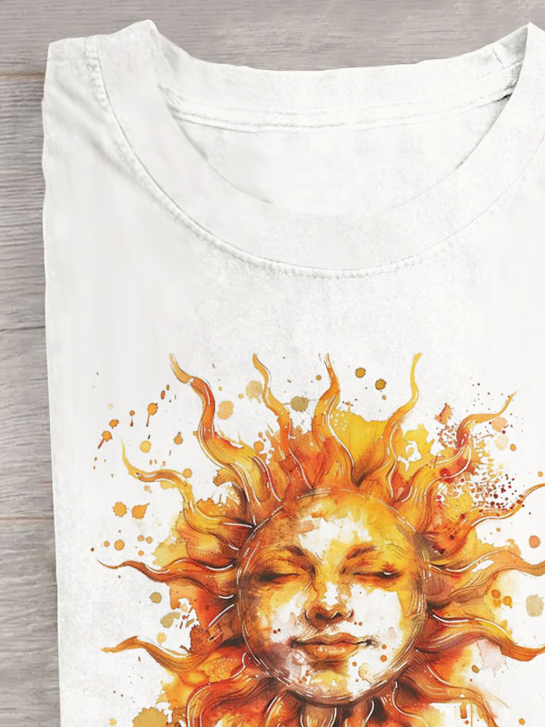 Funny Face & Sun Printed Short Sleeve Casual T-Shirt