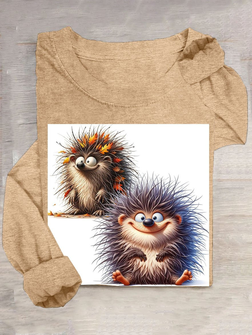 Funny Hedgehog Printed Crew Neck Long Sleeve T-Shirt