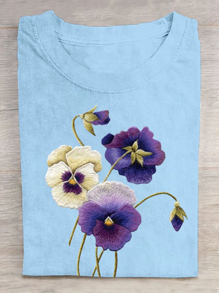 Floral Cotton Crew Neck Casual T-Shirt